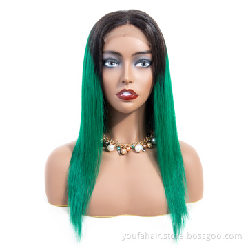 Natural Brazilian Straight Human Hair Wigs Ombre 1b Green Lace Closure Remy Long Wigs 180% Density Pre Plucked with Baby Hair